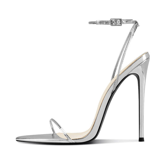 12cm Sexy Silver Pointed-Toe Ankle Strap Heels