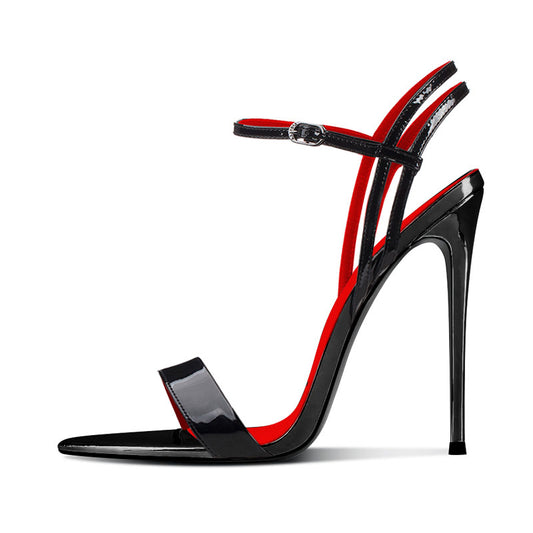 12cm Black Pointed-Toe Lace-Up Heeled Sandals