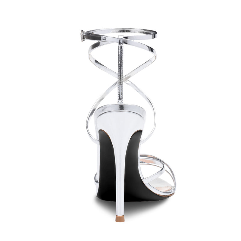 12cm Silver Wraparound Ankle Strap Heels