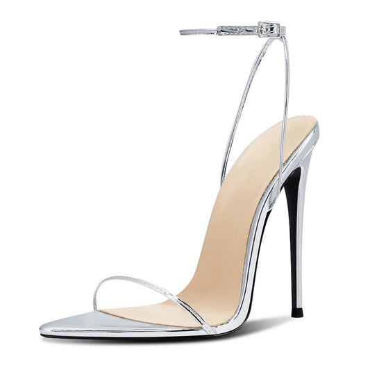 12cm Sexy Silver Pointed-Toe Ankle Strap Heels