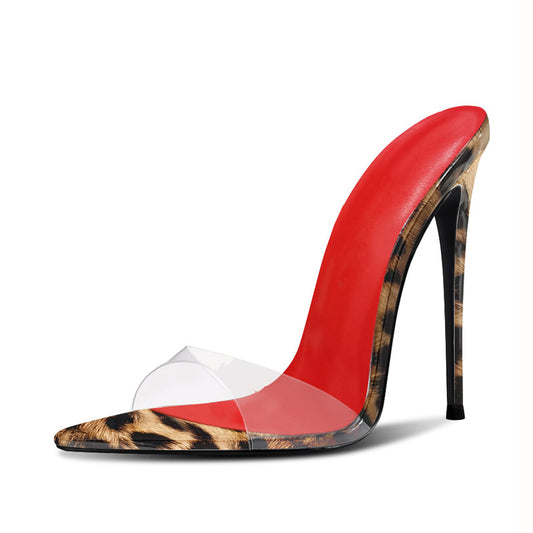 12cm Sexy Leopard Stiletto Slides - Razor Pointed Toe Design
