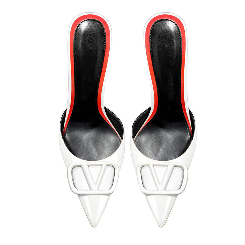 12cm White Pointed-Toe Mules with V-Buckle Accent