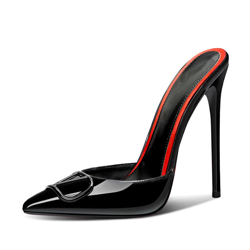 12cm Black Pointed-Toe Sandals with V-Buckle Detail