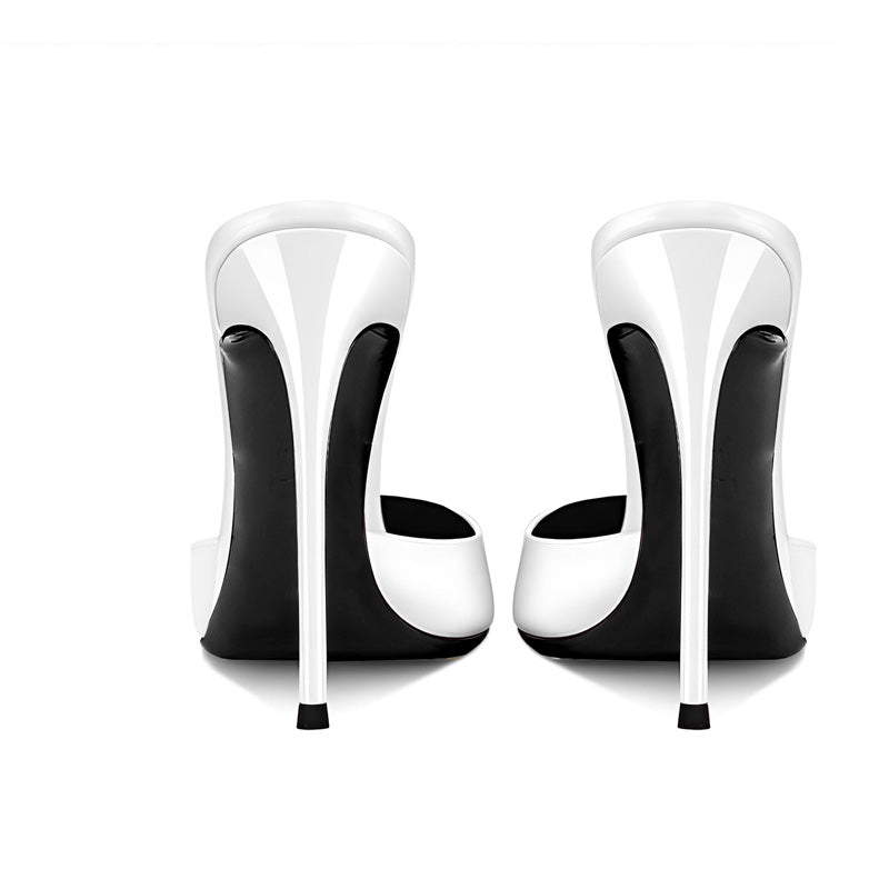 12cm White Pointed-Toe Mules with V-Buckle Accent