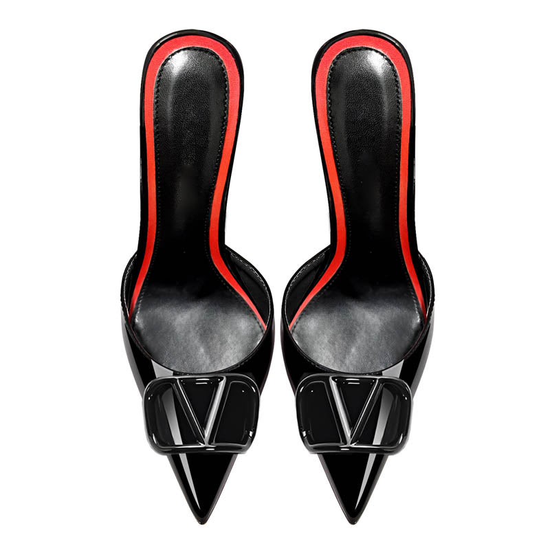 12cm Black Pointed-Toe Sandals with V-Buckle Detail