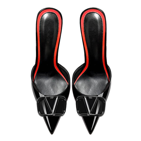 12cm Black Pointed-Toe Sandals with V-Buckle Detail