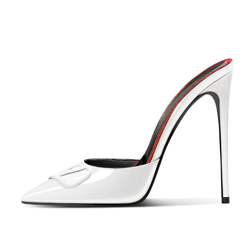 12cm White Pointed-Toe Mules with V-Buckle Accent