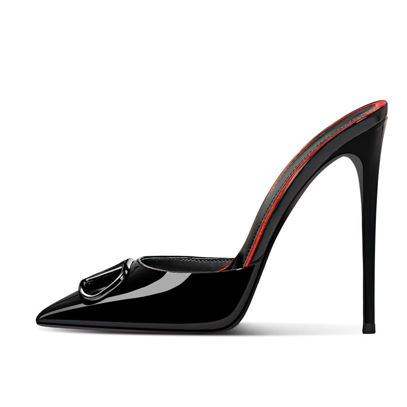 12cm Black Pointed-Toe Sandals with V-Buckle Detail