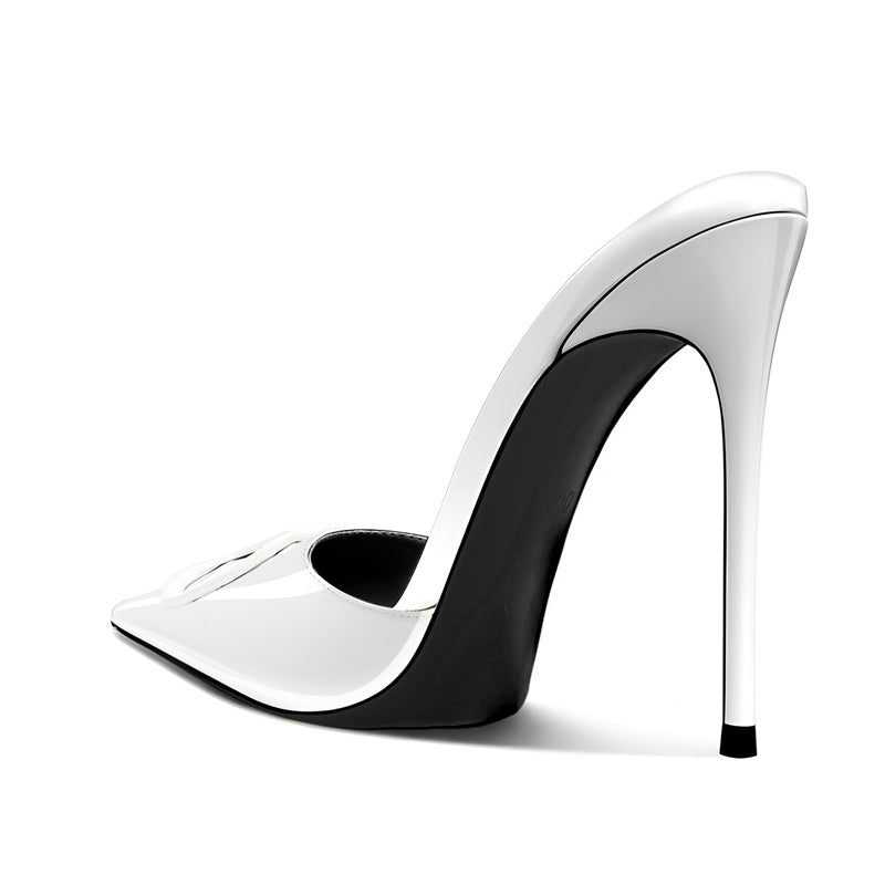 12cm White Pointed-Toe Mules with V-Buckle Accent