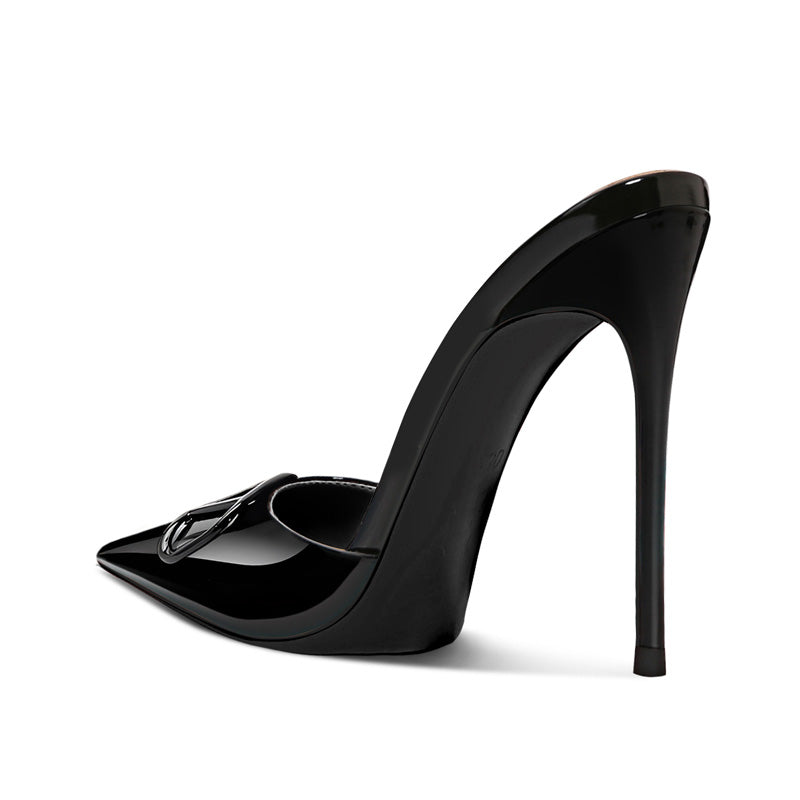 12cm Black Pointed-Toe Sandals with V-Buckle Detail