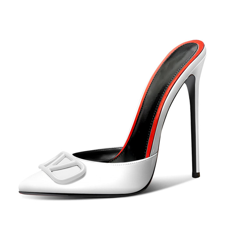 12cm White Pointed-Toe Mules with V-Buckle Accent