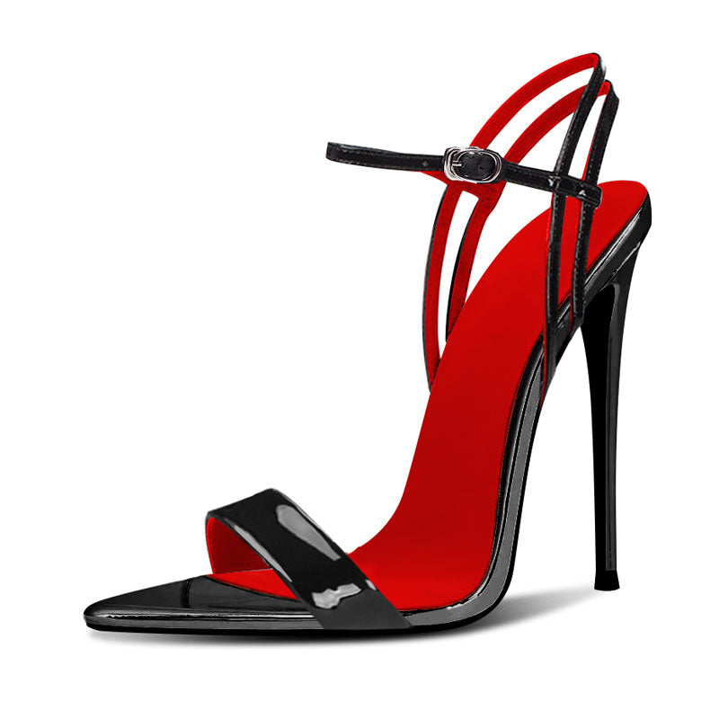 12cm Black Pointed-Toe Lace-Up Heeled Sandals