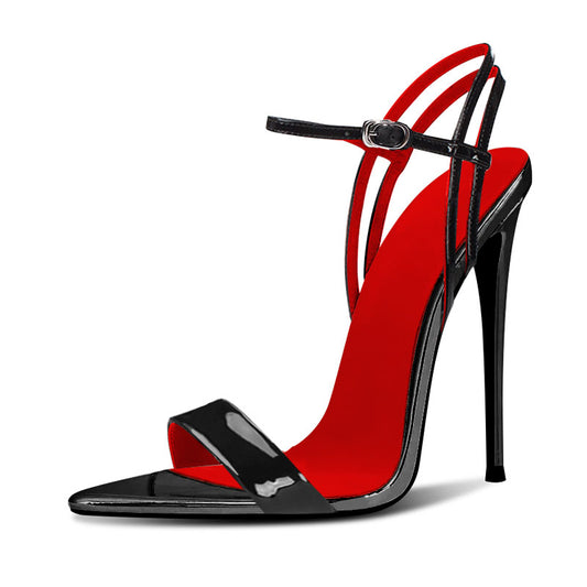 12cm Black Pointed-Toe Lace-Up Heeled Sandals