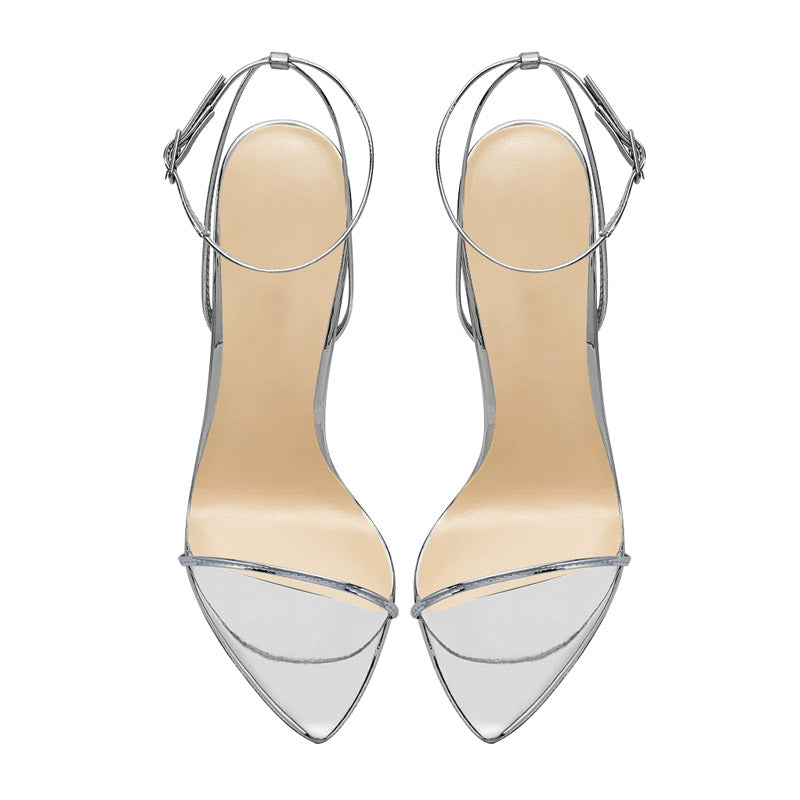 12cm Sexy Silver Pointed-Toe Ankle Strap Heels