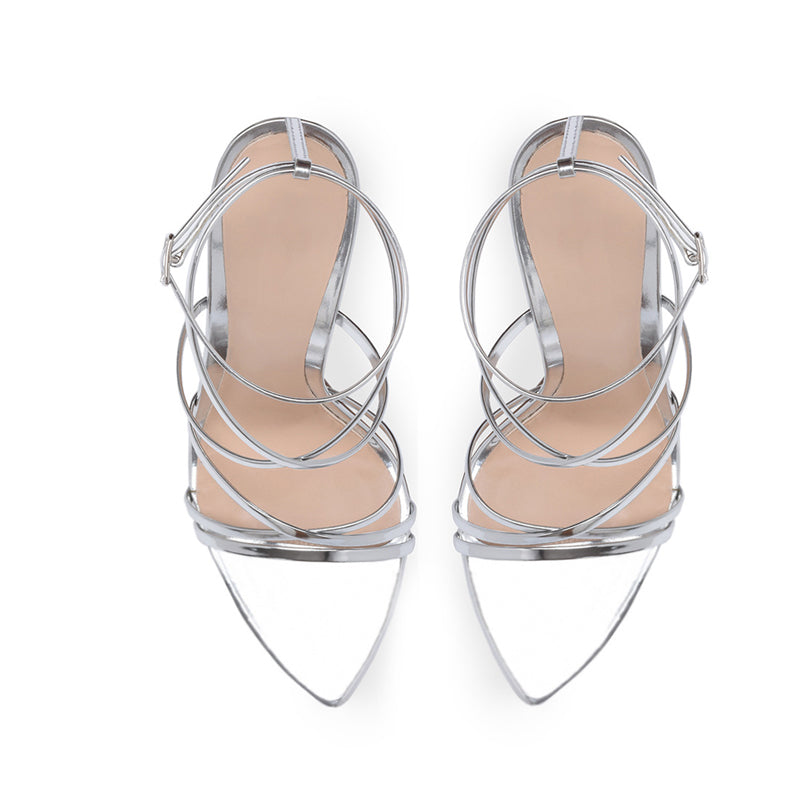 12cm Silver Wraparound Ankle Strap Heels
